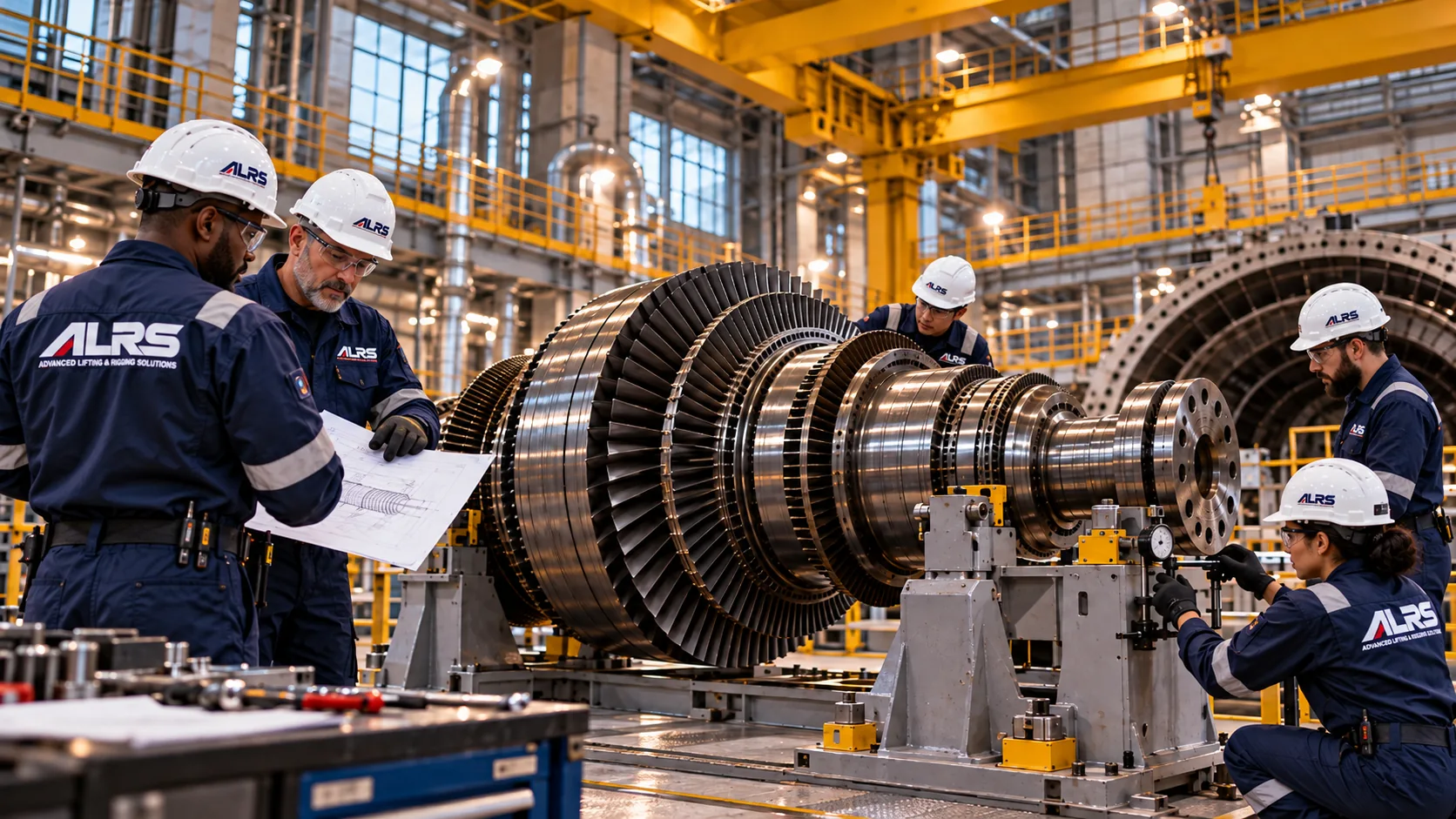 AI-generated illustration of engineers examining a turbine rotor supported in a maintenance stand